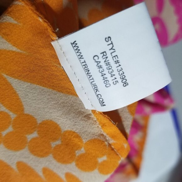 Trina Turk Pink Tan Orange Silk Blend Geo Print Drawstring Blouse Size Medium - Picture 8 of 10